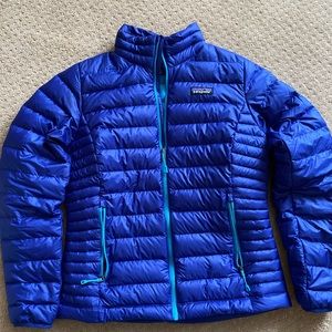 Patagonia Down Sweater jacket Cobalt blue, turquoise lining/zippers Size small